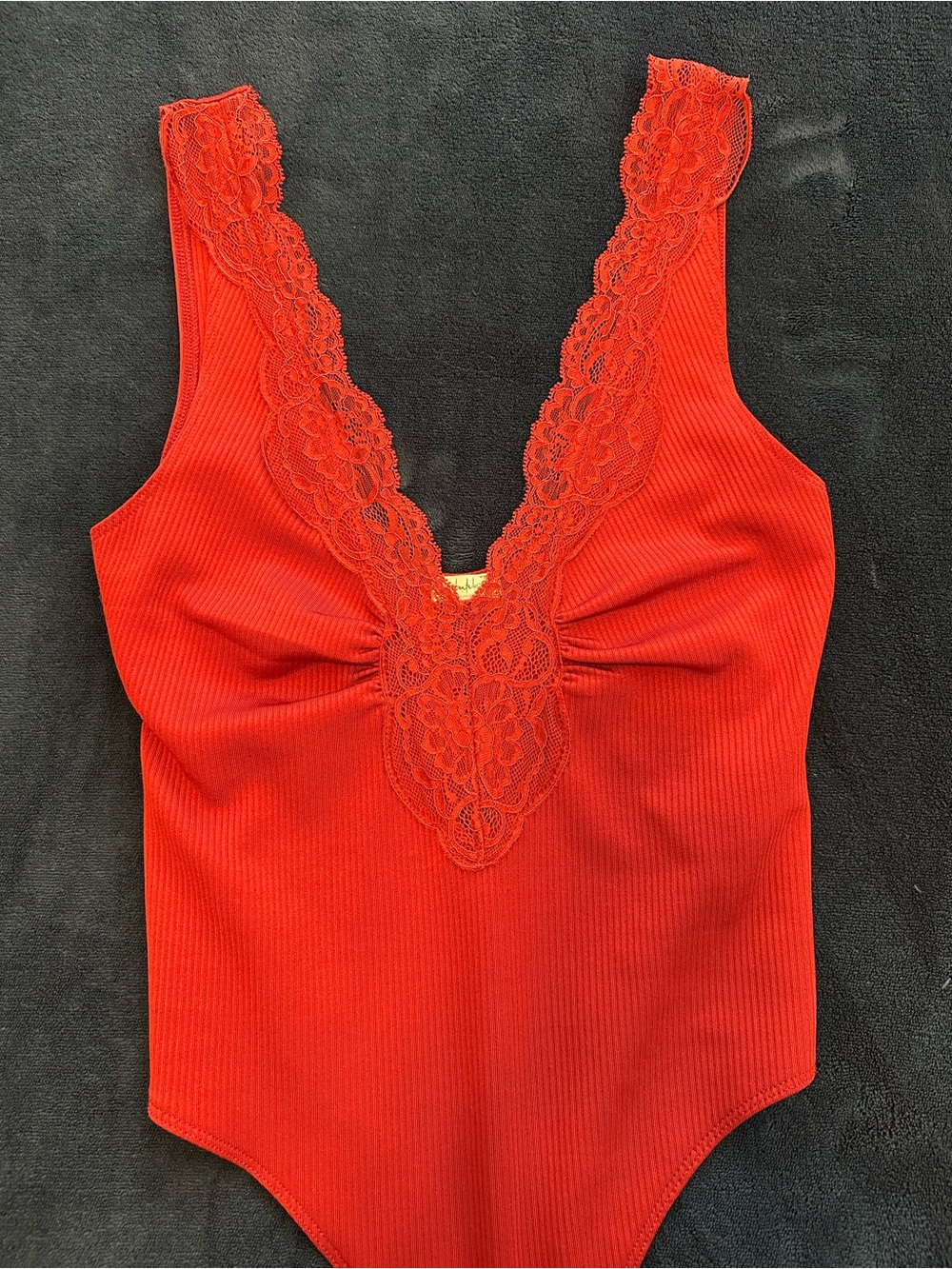 NWOT FREE PEOPLE Red Lace-Trim Ribbed V-Neck Bodysuit